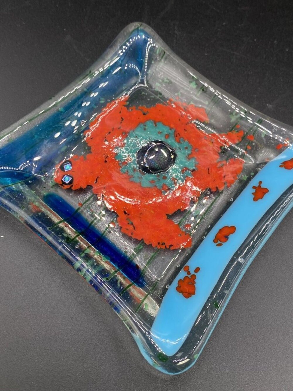 Fused Art Glass Coaster & Trinket Bowls Iris Flowers Abstract & Golf Flag LOT 3 - Picture 3 of 13